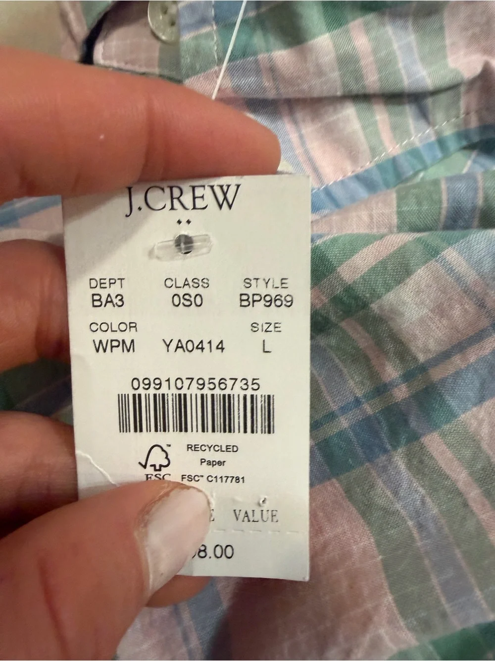 J crew pastel green pink blue plaid Classic flex casual shirt